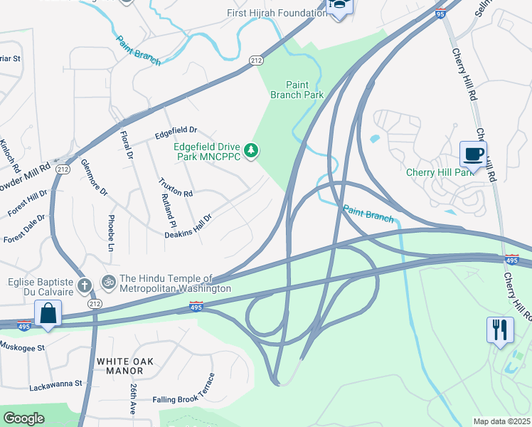 map of restaurants, bars, coffee shops, grocery stores, and more near 10525 Edgemont Drive in Adelphi