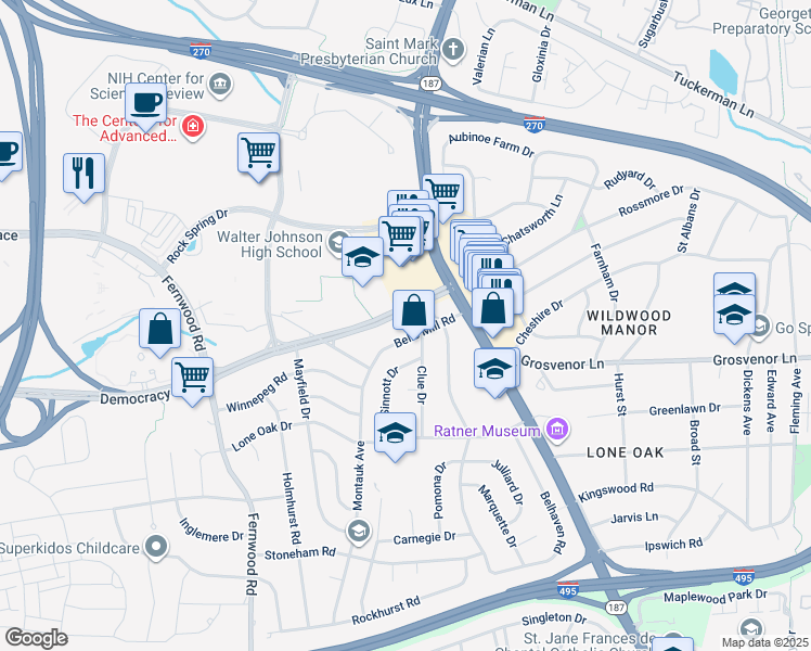 map of restaurants, bars, coffee shops, grocery stores, and more near 10104 Baldwin Court in Bethesda
