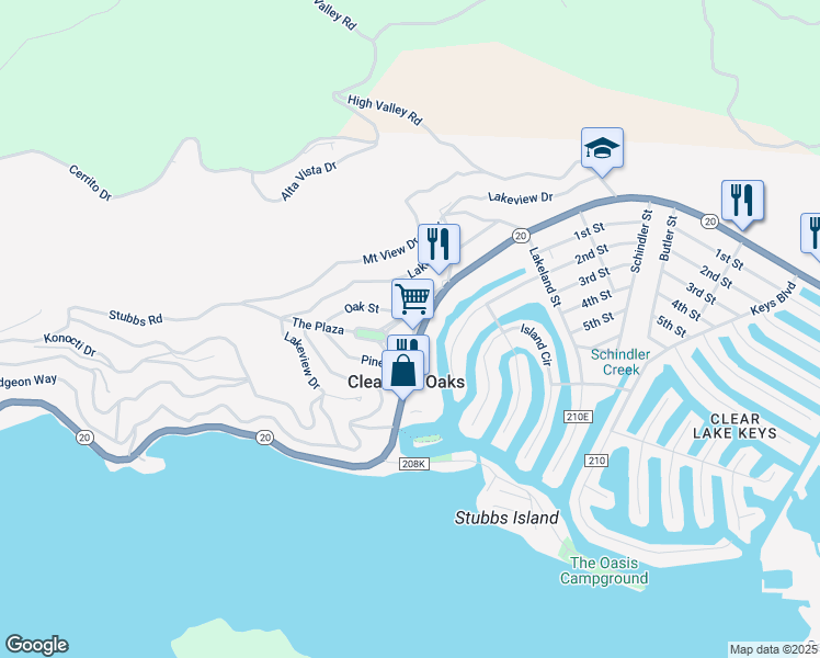 map of restaurants, bars, coffee shops, grocery stores, and more near 12594 Acorn Street in Clearlake Oaks