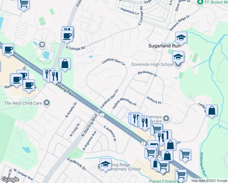map of restaurants, bars, coffee shops, grocery stores, and more near 110 Cardinal Glen Circle in Sterling