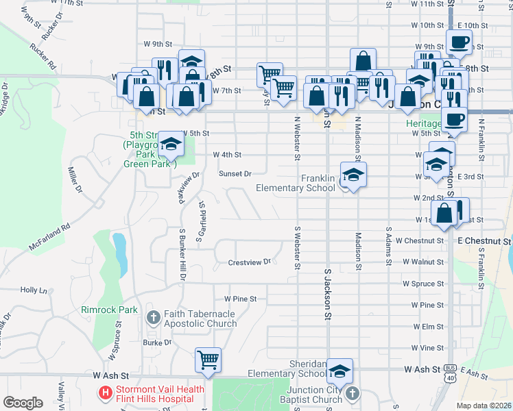 map of restaurants, bars, coffee shops, grocery stores, and more near 6 Riley Manor Circle in Junction City