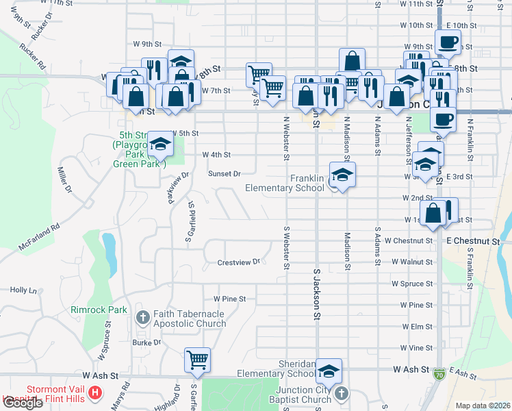 map of restaurants, bars, coffee shops, grocery stores, and more near 10 Riley Manor in Junction City