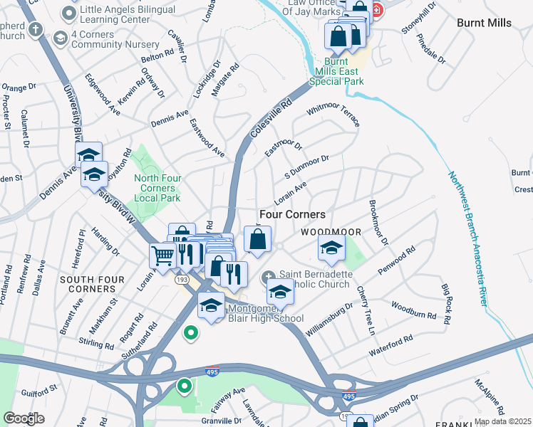 map of restaurants, bars, coffee shops, grocery stores, and more near 10419 Lorain Avenue in Silver Spring