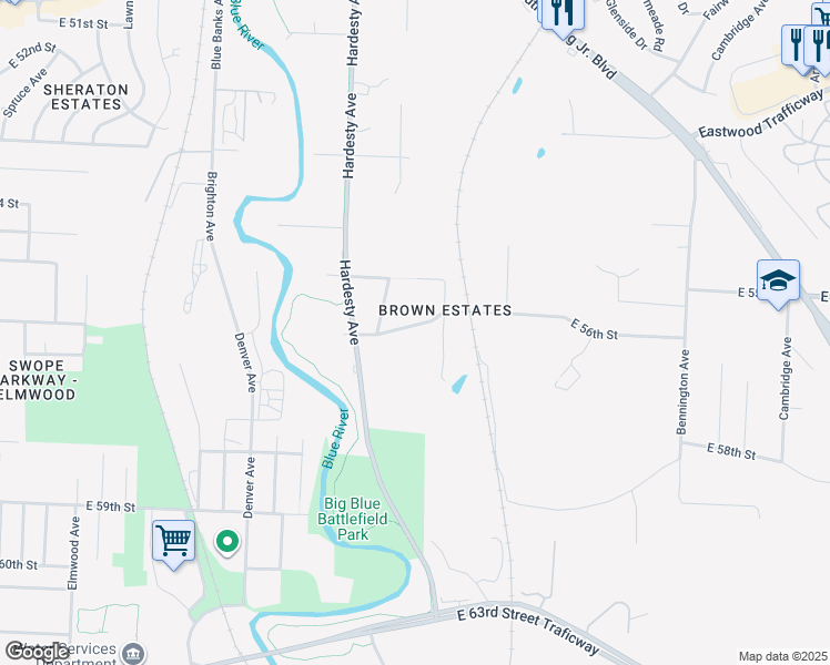 map of restaurants, bars, coffee shops, grocery stores, and more near 5624 East 56th Street in Kansas City