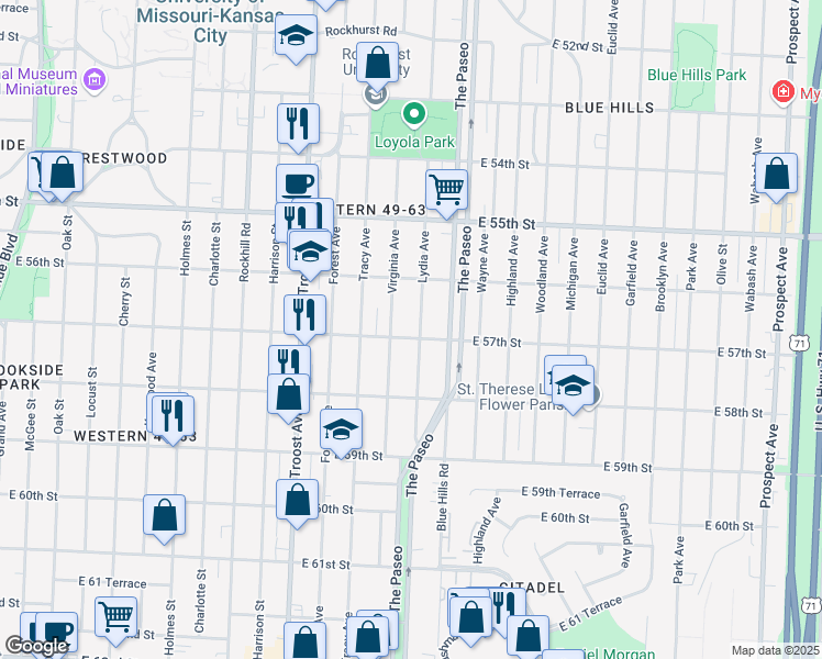 map of restaurants, bars, coffee shops, grocery stores, and more near 5623 Lydia Avenue in Kansas City