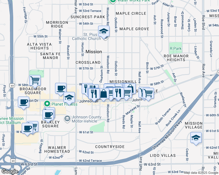 map of restaurants, bars, coffee shops, grocery stores, and more near in Mission