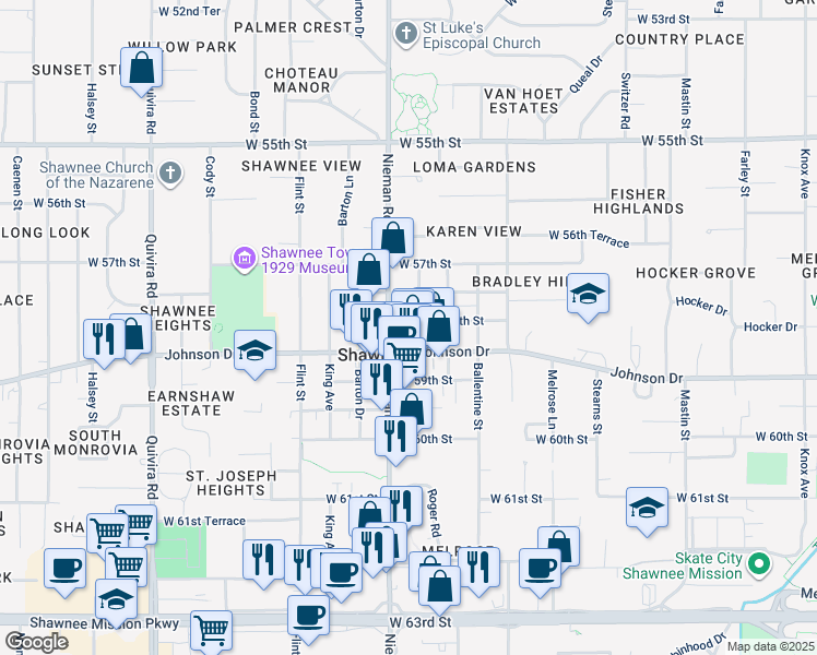 map of restaurants, bars, coffee shops, grocery stores, and more near in Shawnee