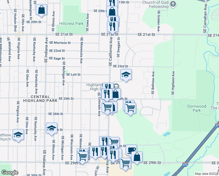 map of restaurants, bars, coffee shops, grocery stores, and more near 2415 Southeast 24th Street in Topeka