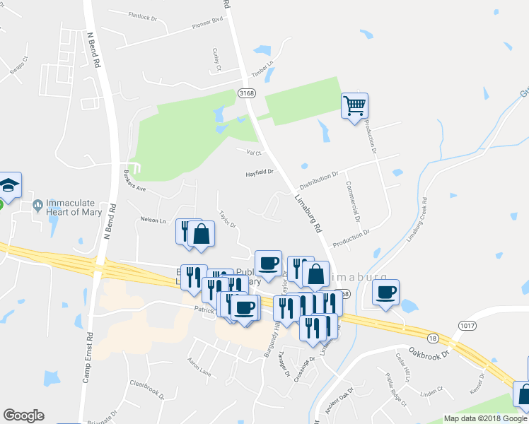 map of restaurants, bars, coffee shops, grocery stores, and more near 1855 Tanglewood Court in Burlington