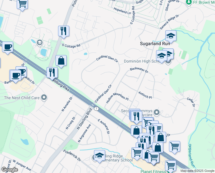 map of restaurants, bars, coffee shops, grocery stores, and more near 110 Cardinal Glen Circle in Sterling