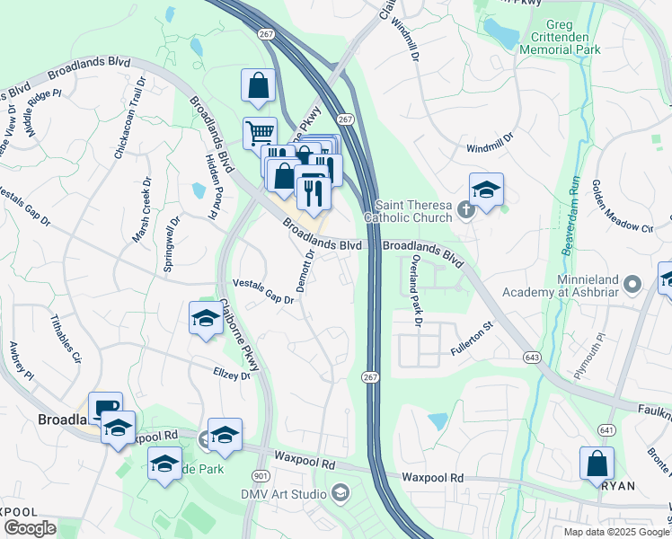 map of restaurants, bars, coffee shops, grocery stores, and more near 43183 Thistledown Terrace in Ashburn