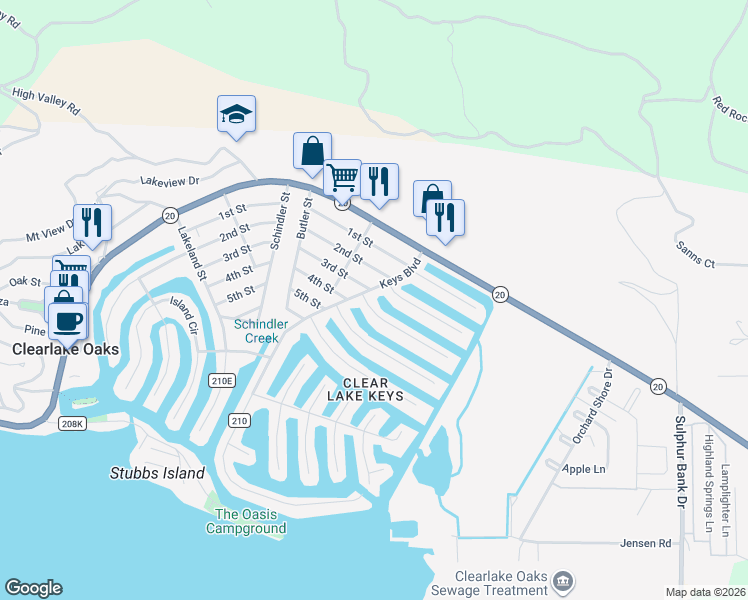 map of restaurants, bars, coffee shops, grocery stores, and more near in Clearlake Oaks