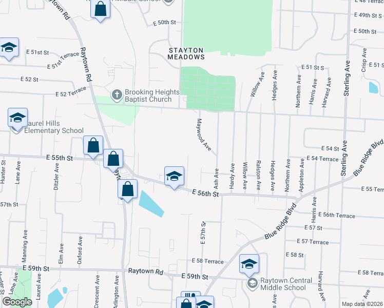 map of restaurants, bars, coffee shops, grocery stores, and more near 5431 Cedar Avenue in Raytown