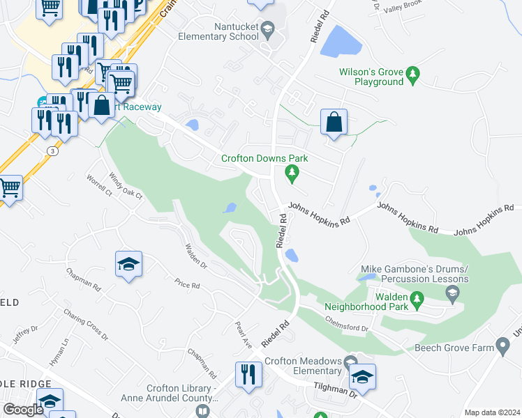 map of restaurants, bars, coffee shops, grocery stores, and more near 1544 Falstone Lane in Crofton