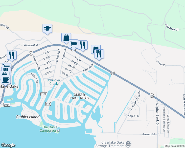 map of restaurants, bars, coffee shops, grocery stores, and more near 13344 Anchor Village in Clearlake Oaks