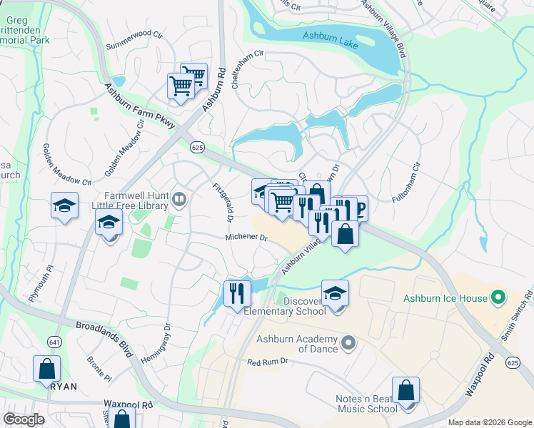 map of restaurants, bars, coffee shops, grocery stores, and more near 43940 Farmwell Hunt Plaza in Ashburn