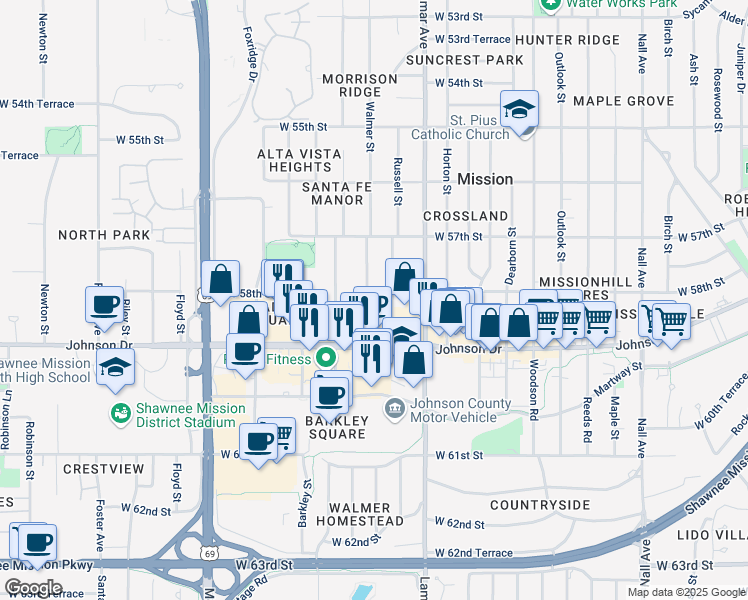map of restaurants, bars, coffee shops, grocery stores, and more near 5801 Walmer Street in Mission