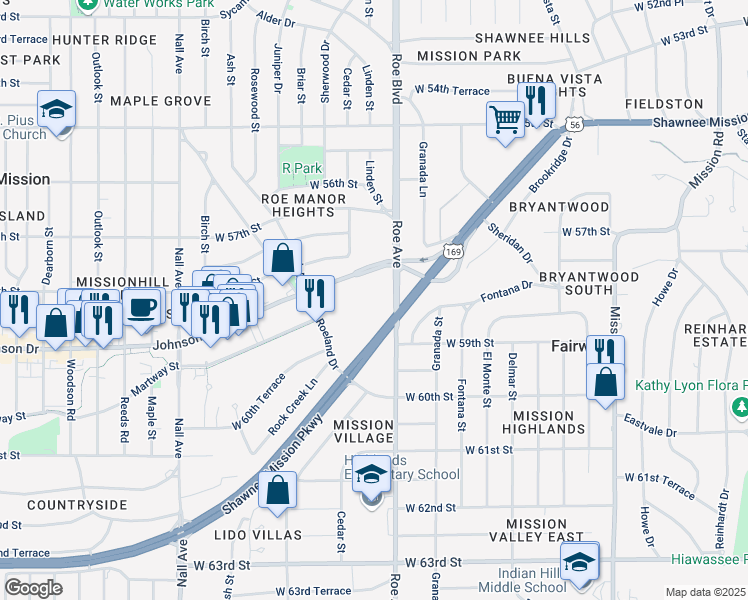 map of restaurants, bars, coffee shops, grocery stores, and more near 4801 Johnson Drive in Mission