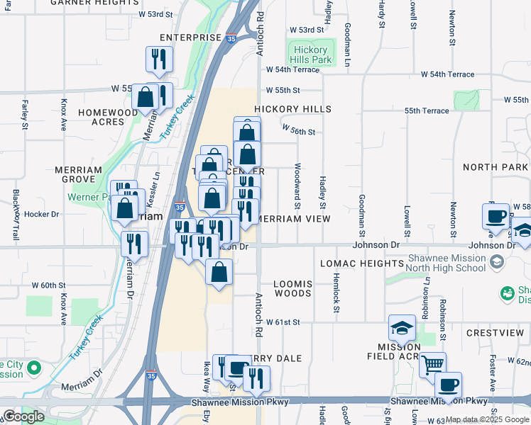 map of restaurants, bars, coffee shops, grocery stores, and more near 5801 Antioch Road in Mission