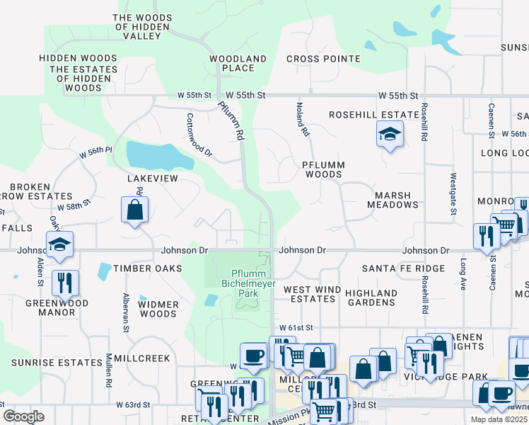 map of restaurants, bars, coffee shops, grocery stores, and more near 5803 Summit in Shawnee