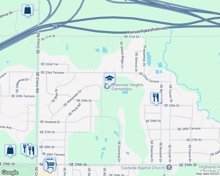 map of restaurants, bars, coffee shops, grocery stores, and more near 2410 Southeast Burton Street in Topeka