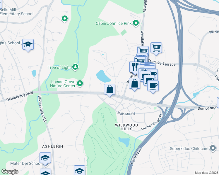 map of restaurants, bars, coffee shops, grocery stores, and more near 7425 Democracy Boulevard in Bethesda