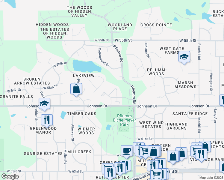 map of restaurants, bars, coffee shops, grocery stores, and more near 5822 Park Circle in Shawnee