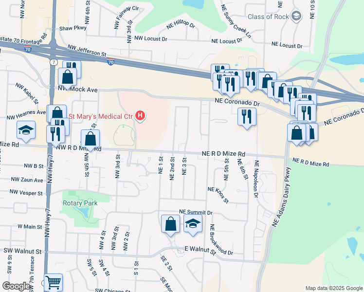 map of restaurants, bars, coffee shops, grocery stores, and more near 708 Northeast 3 Street in Blue Springs