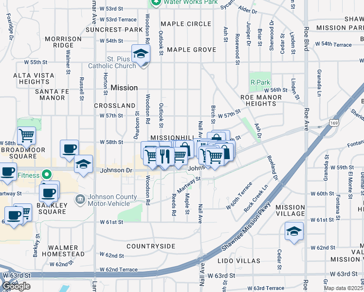 map of restaurants, bars, coffee shops, grocery stores, and more near 5739 Maple Street in Mission