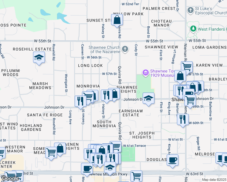 map of restaurants, bars, coffee shops, grocery stores, and more near 11915 West 57th Terrace in Shawnee