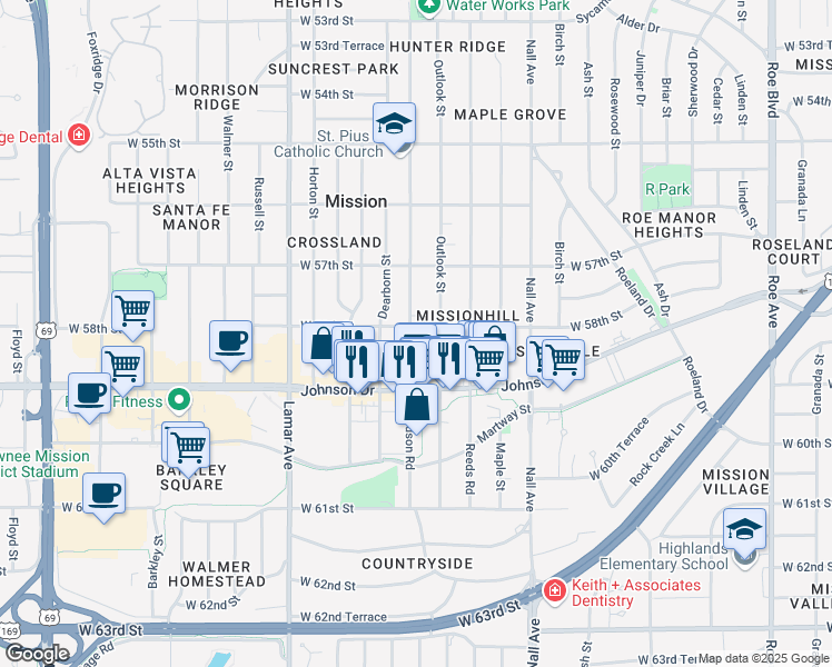 map of restaurants, bars, coffee shops, grocery stores, and more near in Mission
