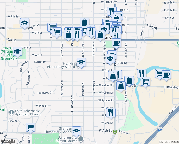 map of restaurants, bars, coffee shops, grocery stores, and more near 313 West 2nd Street in Junction City