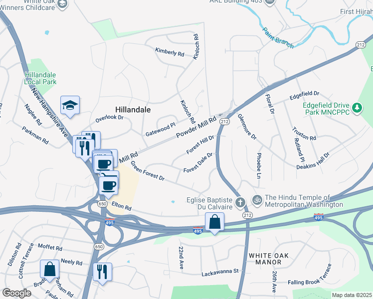 map of restaurants, bars, coffee shops, grocery stores, and more near 2014 Forest Hill Drive in Silver Spring