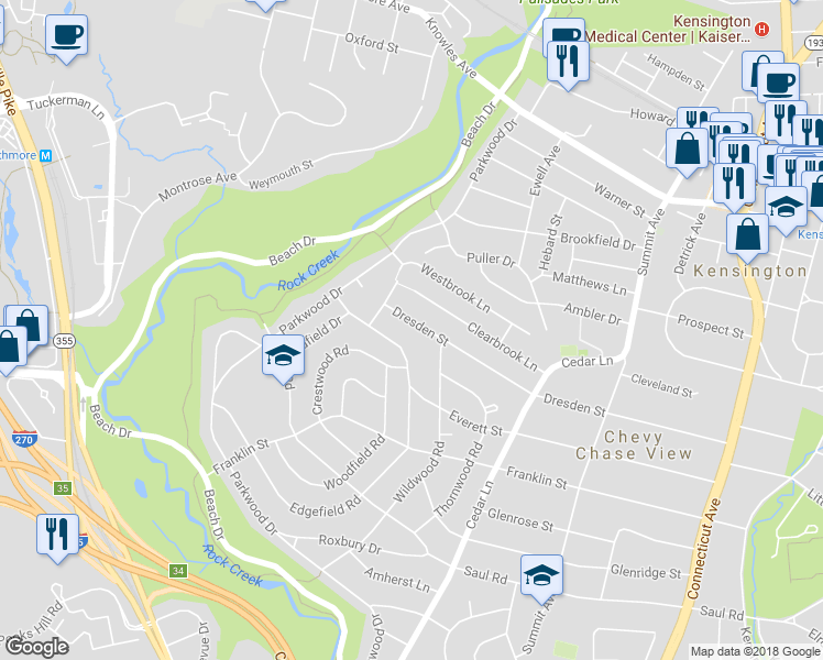 map of restaurants, bars, coffee shops, grocery stores, and more near 4508 Dresden Street in Kensington