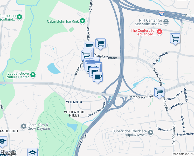 map of restaurants, bars, coffee shops, grocery stores, and more near 10341 Westlake Drive in Bethesda