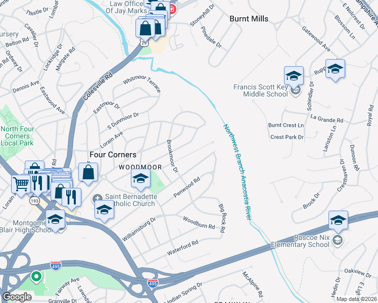 map of restaurants, bars, coffee shops, grocery stores, and more near 413 Branch Drive in Silver Spring