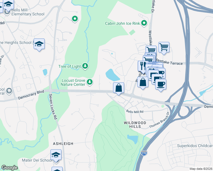 map of restaurants, bars, coffee shops, grocery stores, and more near 7501 Democracy Boulevard in Bethesda