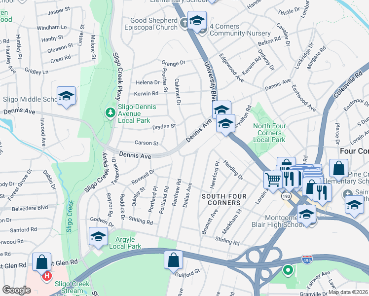 map of restaurants, bars, coffee shops, grocery stores, and more near 738 Dennis Avenue in Silver Spring