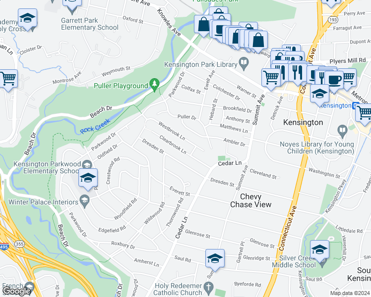 map of restaurants, bars, coffee shops, grocery stores, and more near 4405 Clearbrook Lane in Kensington