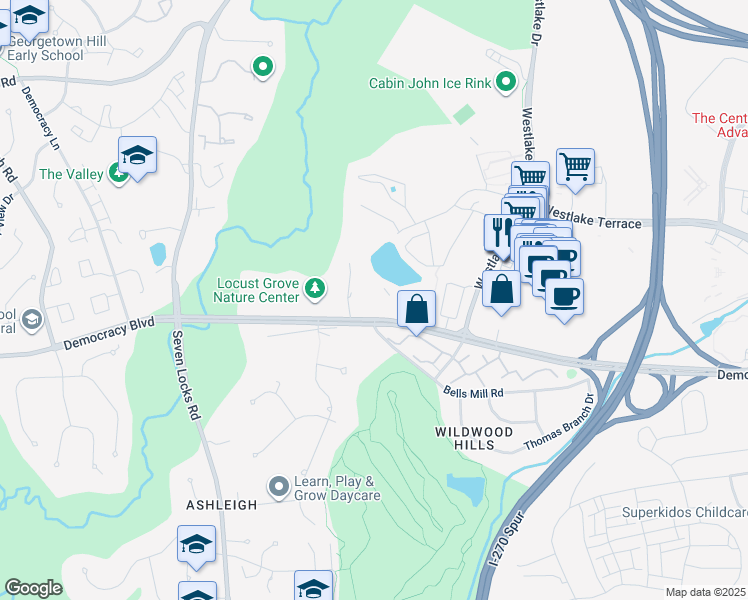 map of restaurants, bars, coffee shops, grocery stores, and more near 7501 Democracy Boulevard in Bethesda
