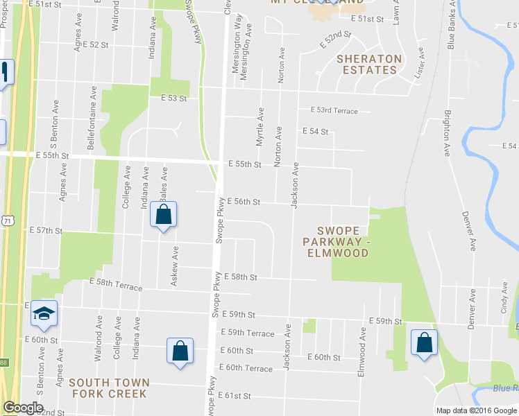 map of restaurants, bars, coffee shops, grocery stores, and more near 4003 East 56th Street in Kansas City