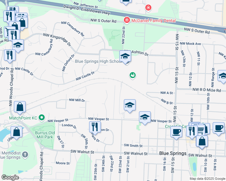 map of restaurants, bars, coffee shops, grocery stores, and more near 321 Northwest 22nd Street Terrace in Blue Springs