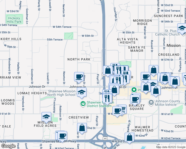 map of restaurants, bars, coffee shops, grocery stores, and more near 5801 Marty Street in Mission
