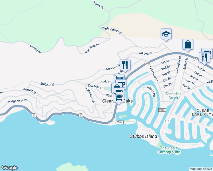 map of restaurants, bars, coffee shops, grocery stores, and more near 12484 The Plaza in Clearlake Oaks