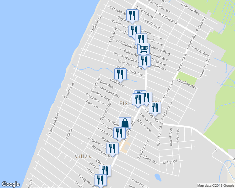 map of restaurants, bars, coffee shops, grocery stores, and more near 37 Maryland Avenue in Villas