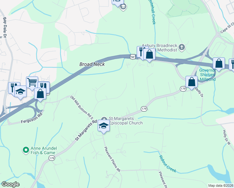 map of restaurants, bars, coffee shops, grocery stores, and more near 1612 Old Mill Bottom Run in Annapolis