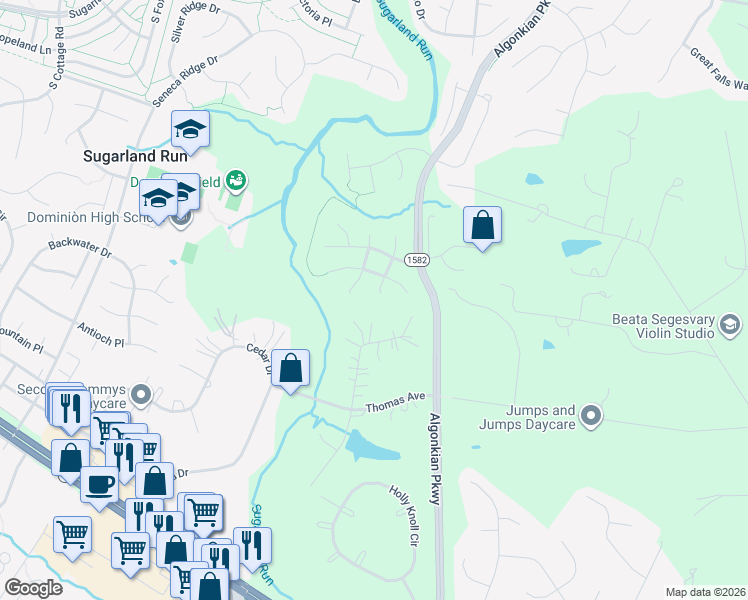 map of restaurants, bars, coffee shops, grocery stores, and more near 21365 Rosewood Place in Sterling
