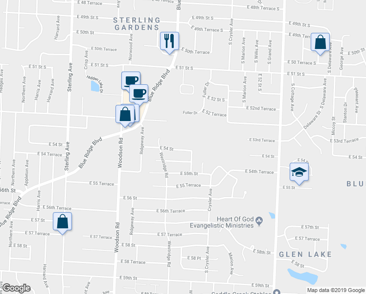 map of restaurants, bars, coffee shops, grocery stores, and more near 12106 East 54 Street in Kansas City