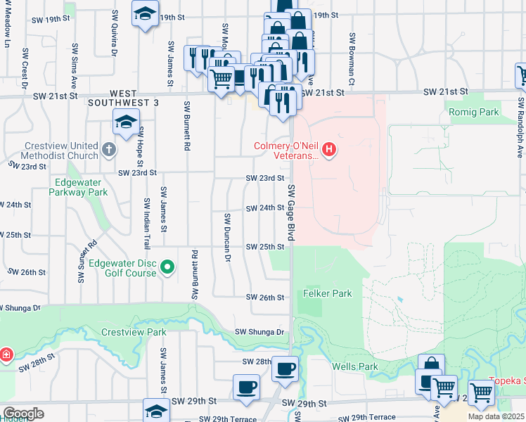 map of restaurants, bars, coffee shops, grocery stores, and more near 2400 Southwest Mission Avenue in Topeka