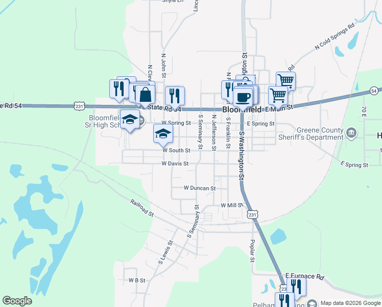 map of restaurants, bars, coffee shops, grocery stores, and more near 235 West South Street in Bloomfield